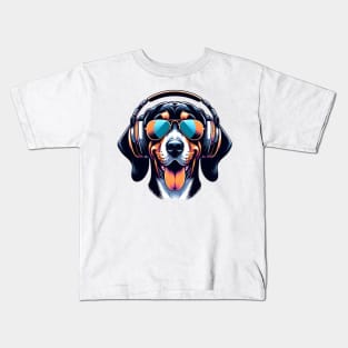 Grinning Black and Tan Coonhound as Smiling DJ Kids T-Shirt